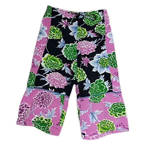 Floral Patchwork Wide Leg Pants M Hippie Artsy Boho Chic Fairy Flowy Drawstring - Picture 10 of 16